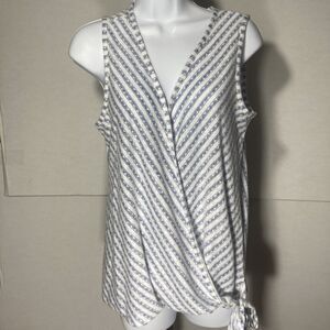 BUNULU white blue geometric striped sleeveless faux wrap knit top M